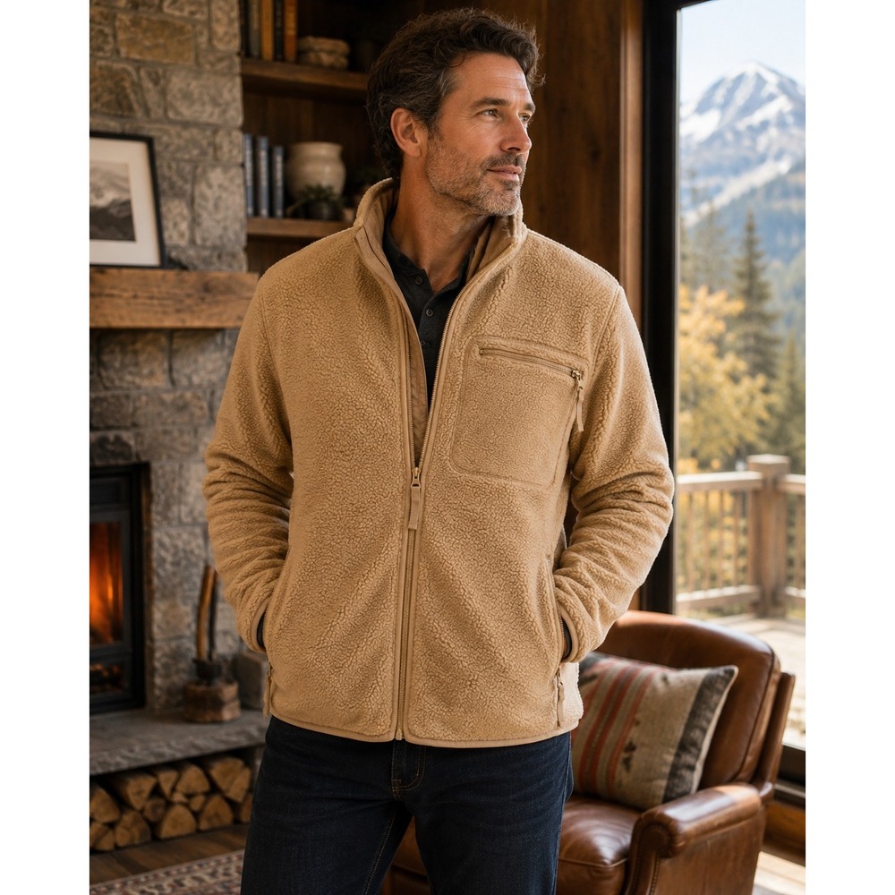 Quince Sherpa Full Zip Jacket Mens XL Camel Tan Fleece Zip Pockets Lined HUBO01